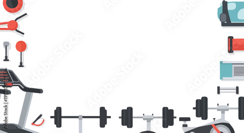 A professional vector illustration featuring a clean border of gym equipment, including treadmills and weights, around a white background.