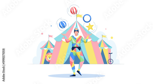 A colorful clown juggles balls in front of a circus tent.