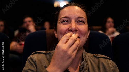 A movie enthusiast captivated by the cinematic experience, enjoys a tasty snack within the comfortable ambiance of the theatre.