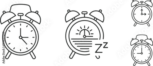 Simple line drawing of three alarm clocks in different views depicting time and sleep