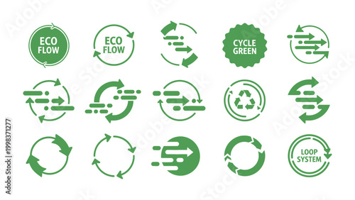 Green Cycle Elements: An array of eco-friendly graphic elements. Featuring looping arrows and circular designs to symbolize sustainability and eco-friendliness.