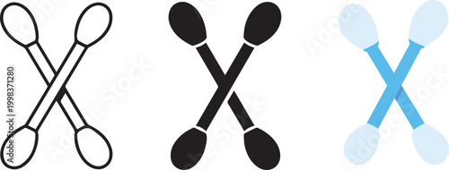Cotton Swab Icon Set Vector – Earbud Hygiene Tool Flat, Solid and Outline Styles