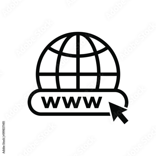 A black illustration of a globe with a cursor clicking on the www symbol.