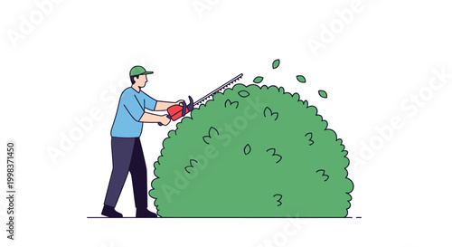 man trims hedge with hedge trimmer