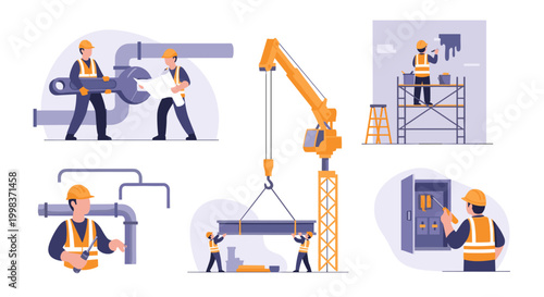 construction site workers assemble machinery