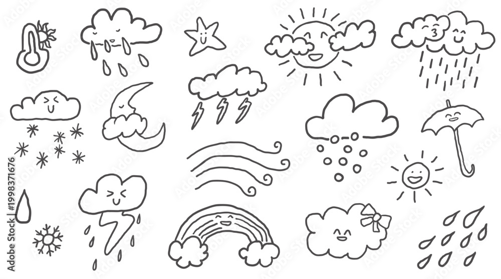 Fototapeta premium weather forecast set in hand drawn style in vector. Element for design advertisement mail posts poster print postcard banner decor backgrounds