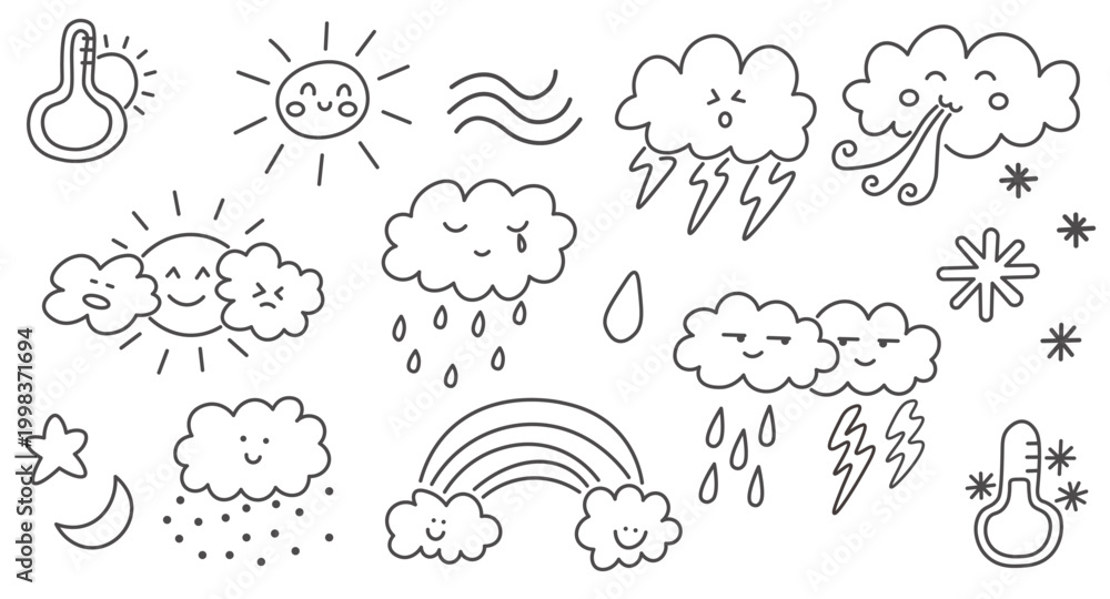Fototapeta premium weather forecast set in doodle style in vector. Element for design advertisement mail posts poster print postcard banner decor backgrounds