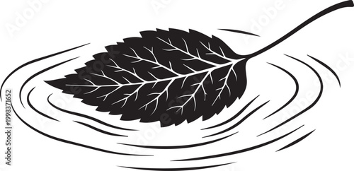 A minimalist black and white illustration of a solitary fallen leaf gracefully floating on a tranquil water surface, creating gentle ripples, embodying peace and natural beauty