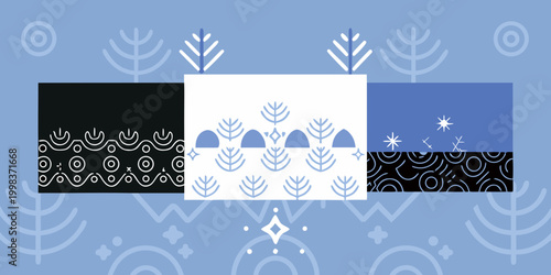 ornamental patterns with blue and black designs on white background