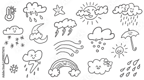 weather forecast set in hand drawn style in vector. Element for design advertisement mail posts poster print postcard banner decor backgrounds