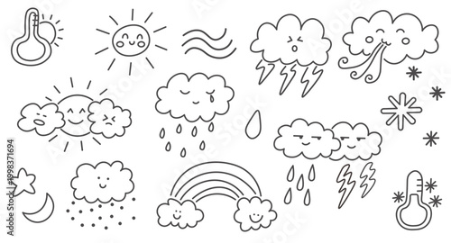 weather forecast set in doodle style in vector. Element for design advertisement mail posts poster print postcard banner decor backgrounds