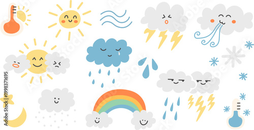 weather forecast set in doodle style in vector. Element for design advertisement mail posts poster print postcard banner decor backgrounds