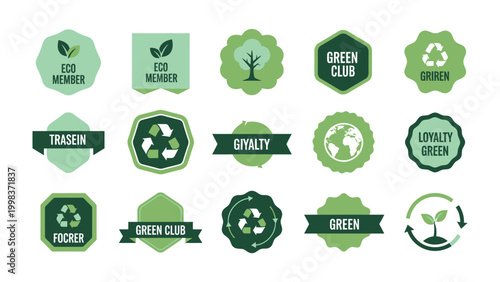 Eco-Friendly Badges: A vibrant collection of eco-friendly badges, emblems, and insignias, each representing a commitment to sustainability, environmental responsibility, and green living.