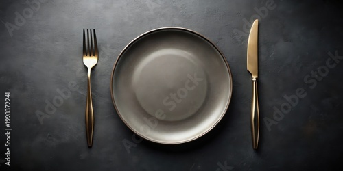 Elegant dark gray dinner plate with gold cutlery on a textured surface, ready for a delicious meal