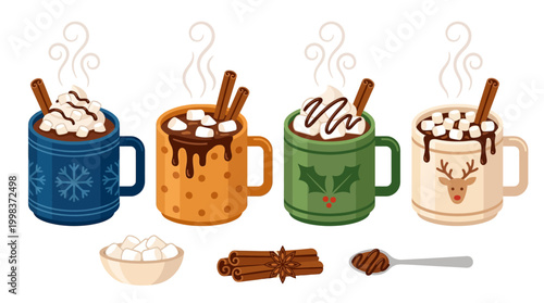 A comforting collection of festive hot chocolate mugs, perfect for winter and holiday celebrations