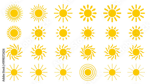 A diverse collection of yellow sun icons and symbols representing warmth, light, and summer energy, perfect for various design projects and seasonal themes