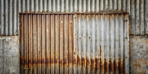 Rustic Corrugated Metal Wall with Weathered Rusty Door Showing Texture and Age