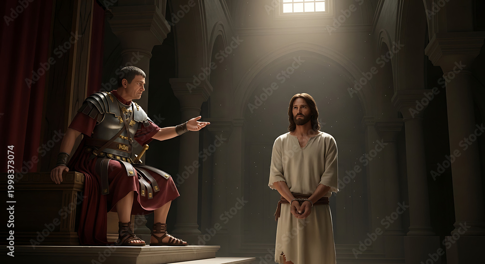 Obraz premium Biblical scene featuring Jesus Christ as a bound prisoner being interrogated by Roman Governor Pontius Pilate inside a shadowy ancient stone trial hall courtroom during historical trial.