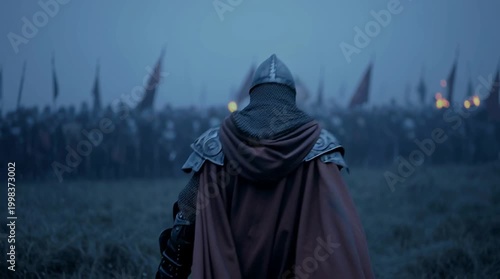Medieval warrior standing before battle, cloak blowing in cold morning wind, distant army blurred behind, cinematic composition capturing tension, anticipation, and heroic atmosphere.