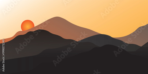 A stunning view of the sun behind the silhouette of mountains at sunset. vector