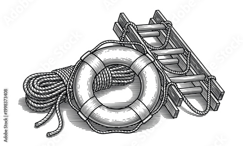 Nautical elements vector illustration with life buoy rope and wooden ladder.