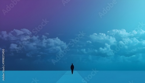 Minimalist Business Leader Silhouette Walking Toward Horizon with Clouds and Blue Purple Gradient Sky Background