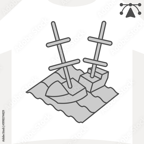 Shipwreck at sea isometric icon, history, mystery concept. Vector graphics. Tale of lost ship, vessel sign and editable stroke, outline style icon for mobile or web design.
