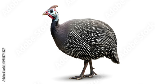 Wild Helmeted Guineafowl Standing on White Background in Natural Light