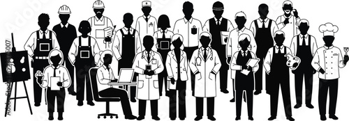 Group of diverse professionals and workers in various occupations standing together in a flat vector illustration
