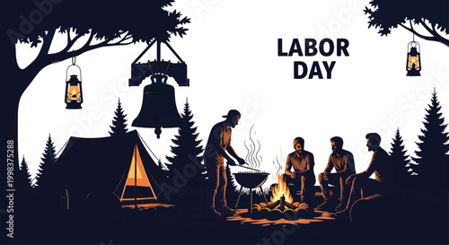 Labor Day Celebration Illustration Featuring People Camping Outdoors with Campfire and Vintage Lanterns in a Forest Setting