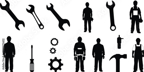 Set of Industrial Worker Silhouettes and Construction Hand Tools Icons for Engineering and Maintenance Projects Vector Illustration
