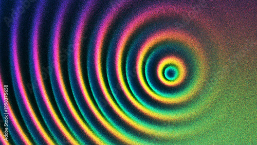 Colorful circular wave pattern forming radiant concentric rings with grainy gradient texture created from thousands of individual dots. Dynamic rainbow ripple with hypnotic expanding waves. Vector