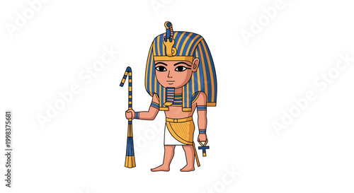 Pharaoh cartoon character holding staff and ankh, isolated on white background