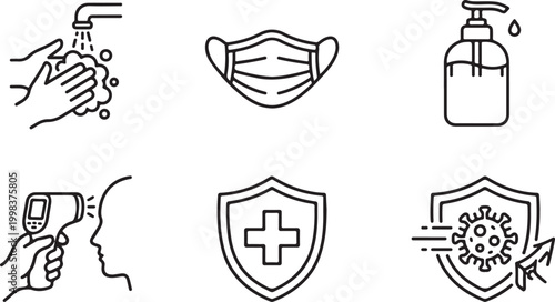 Hygiene and health protection icons with washing hands face mask and sanitizer Isolated on white background