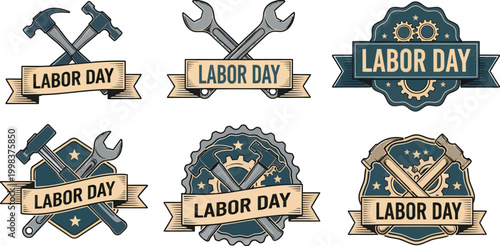 Set of vintage labor day emblems with crossed tools hammers and wrenches for construction and industrial work