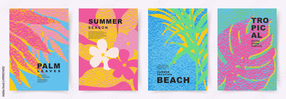 Obraz premium Creative of Summer bright posters set with abstract tropical leaves. Theme of Vacation, Travel, Beach. Trendy vector designs for branding, advertising, printing, banner, cover, decoration, sales 