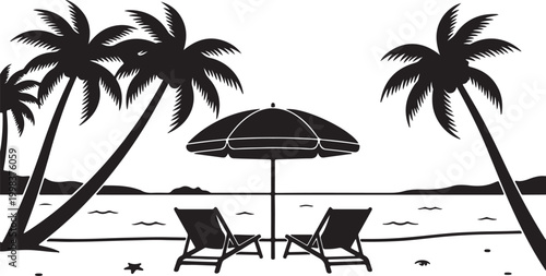 Serene Beach Scene with Palm Trees, Lounge Chairs, and Umbrella, Perfect for Tropical Vacation and Relaxation Getaways