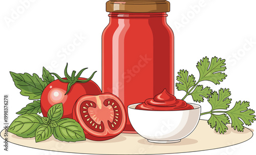 Tomato sauce jar with fresh herbs and sliced tomatoes, homemade ketchup concept illustration for cooking and organic food design