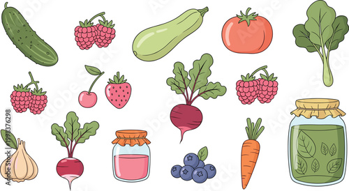 Fresh vegetables fruits and homemade jam set with organic produce, healthy food ingredients illustration for cooking and farm design