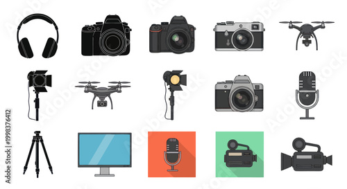 Photography and Videography Equipment Icons: Cameras, Drones, Microphones, Lights, Tripod