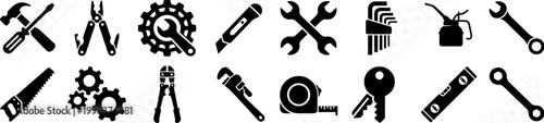 Professional construction and repair tool icon set, vector collection of manual work equipment silhouettes on transparent background
