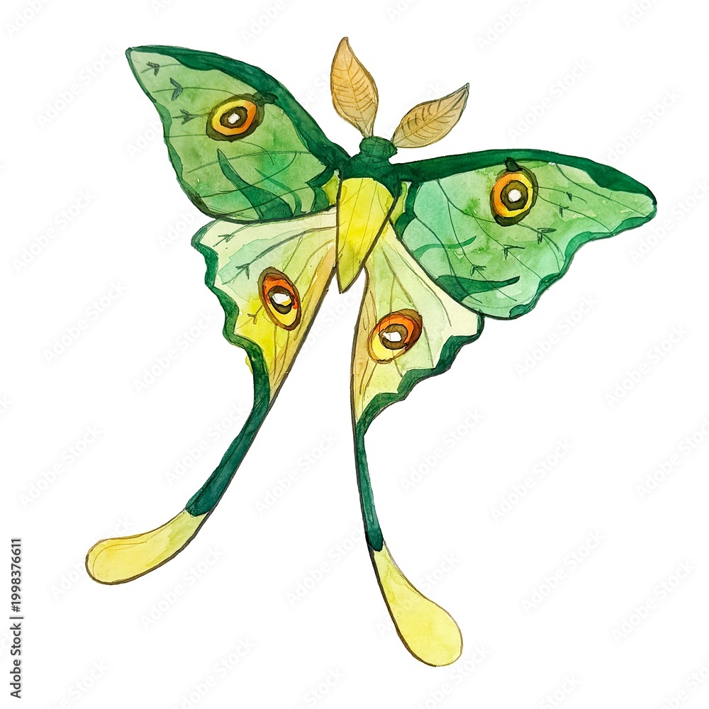 Fototapeta premium Vibrant Watercolor Butterfly Illustrations. This set features two beautifully hand-painted butterflies: a colorful tropical species and a graceful green moth with long tails (Luna moth style). These h