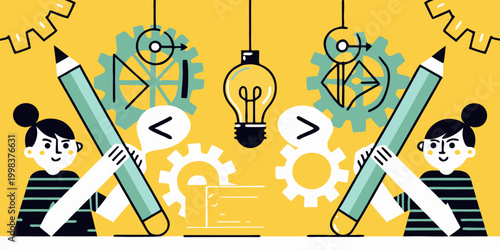 illustration of two characters with pencils and creative elements