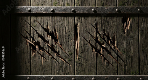 Deep claw marks gouged into weathered brown wooden planks with heavy iron.
