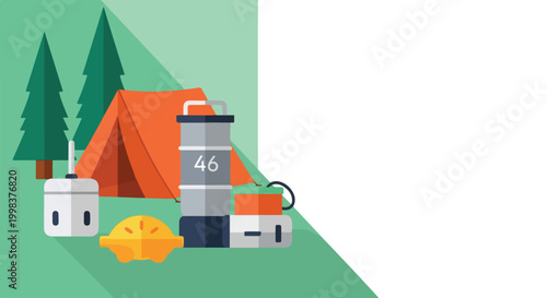 This flat vector illustration depicts a serene camping setup with a tent, cooking gear, and tall pine trees under a clear green sky.