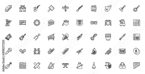 Music Instruments icon set. Vector illustration pack featuring harmonica, drum, saxophone, guitar, piano, microphone, trumpet and more. Editable stroke.