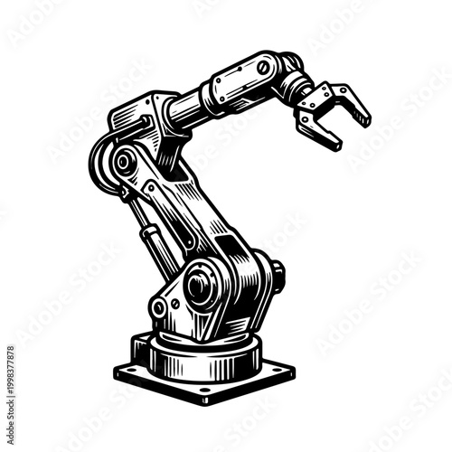 A robotic arm in a woodcut style illustration, depicted in black and white with detailed mechanical features, on a plain white background, showcasing industrial technology.
