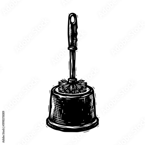 Woodcut style vector illustration of a toilet plunger on a white background, reminiscent of traditional woodblock printing techniques.