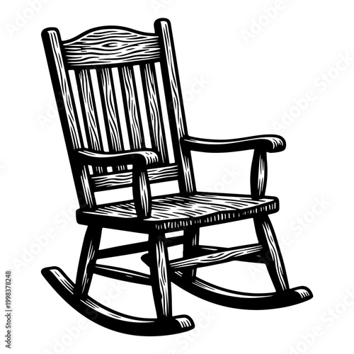 A black and white woodcut style vector illustration of a traditional wooden rocking chair with a slatted back and armrests, isolated on a white background.