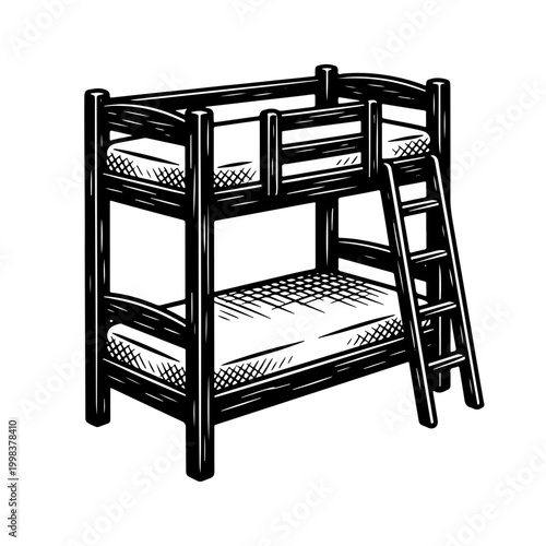 Black and white woodcut style vector illustration of a bunk bed with ladder and mattress, isolated on white background for design and decoration purposes.